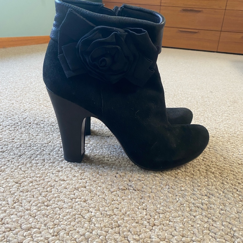 Chie Mihara Black Suede Rosette Ankle Boots